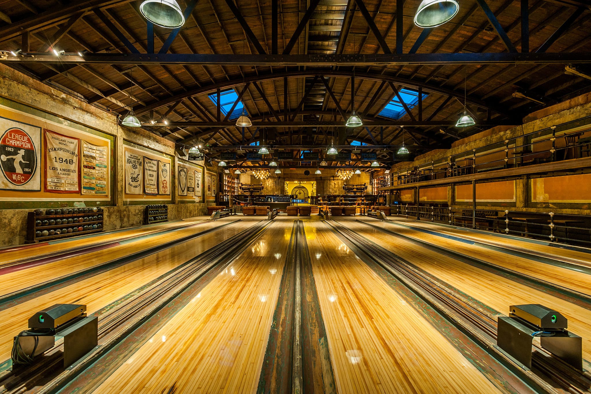 Bowling alley with retro signage in Highland Park neighborhood.